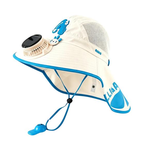 Kids Sun Cap with Built-in Solar Fan, Wide Brim Sun Protection Cooling Hat, Breathable Mesh Fabric Summer Hat with Cartoon Pattern, Shawl Design