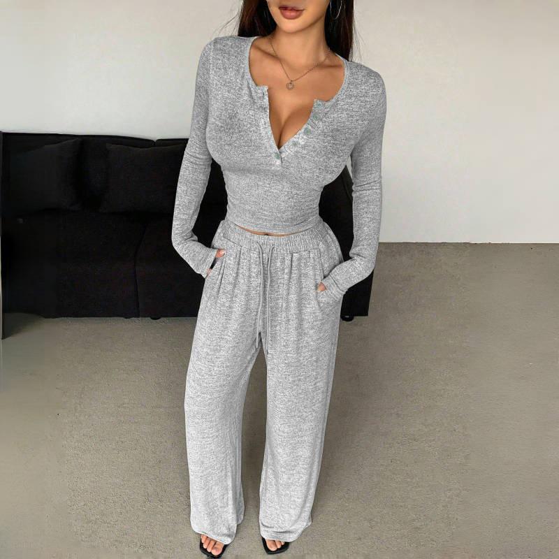 Autumn/Winter Slimming V-neck Wide Leg Long Sleeve Women's Jumpsuit Set
