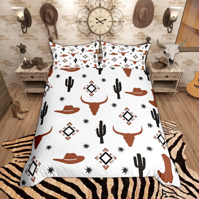 Homewish Western Cowboy Cowgirl Bettbezug-Set, Rustikales Bauernhaus Bettwäsche-Set, Vintage Stiefel Hüte Bettdeckenbezug-Set