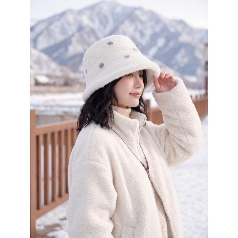 Women S Warm Fleece Knit Bucket Hat Polka Dot Korean Style Fashionable Hat