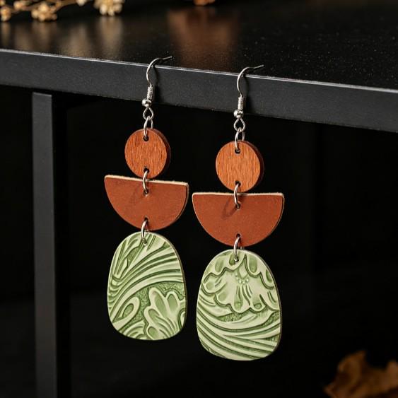 European Ethnic Geometric Earrings: Retro Patchwork Round Dangles with Exaggerated Stylish Design for Women