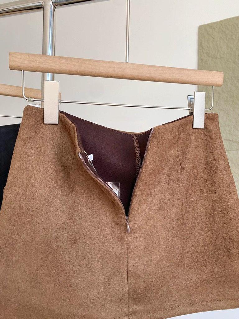 Retro Suede High-Waisted A-Line Mini Skirt Pants - 2025 Autumn/Winter Korean Style