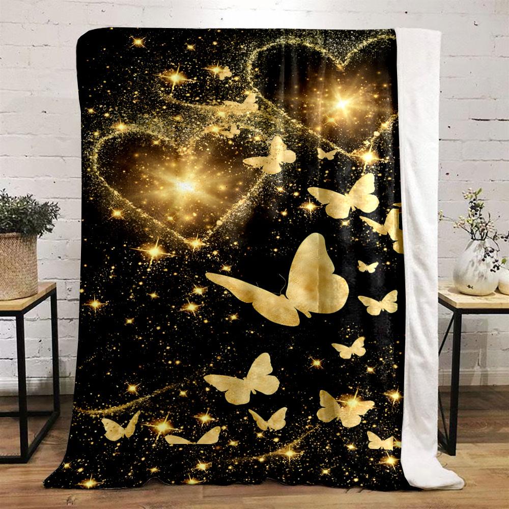 Golden Butterflies Glitter Hearts Blanket Bedroom Blanket for Livingroom Couch Lunch Break Soft Throw for Friend's Festival Gift