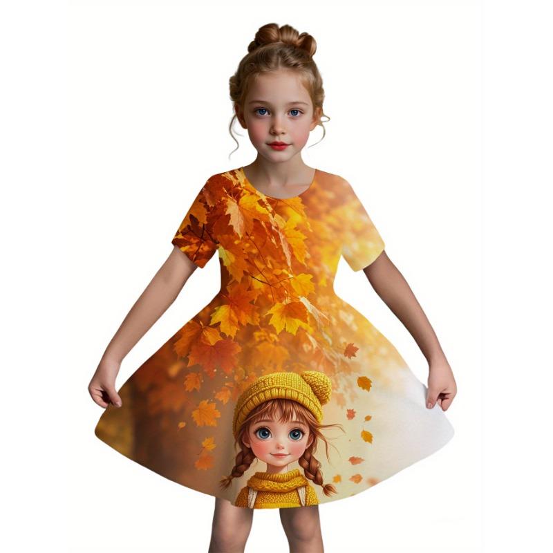 Girls' Short-Sleeve Dress with Unicorn 3D Print - -Line Mid-Length Dress Suitable for Summer &