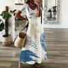 Women Plus Size V Neck Short Sleeve Abstract Printed Blue Beige White Long Maxi Dress