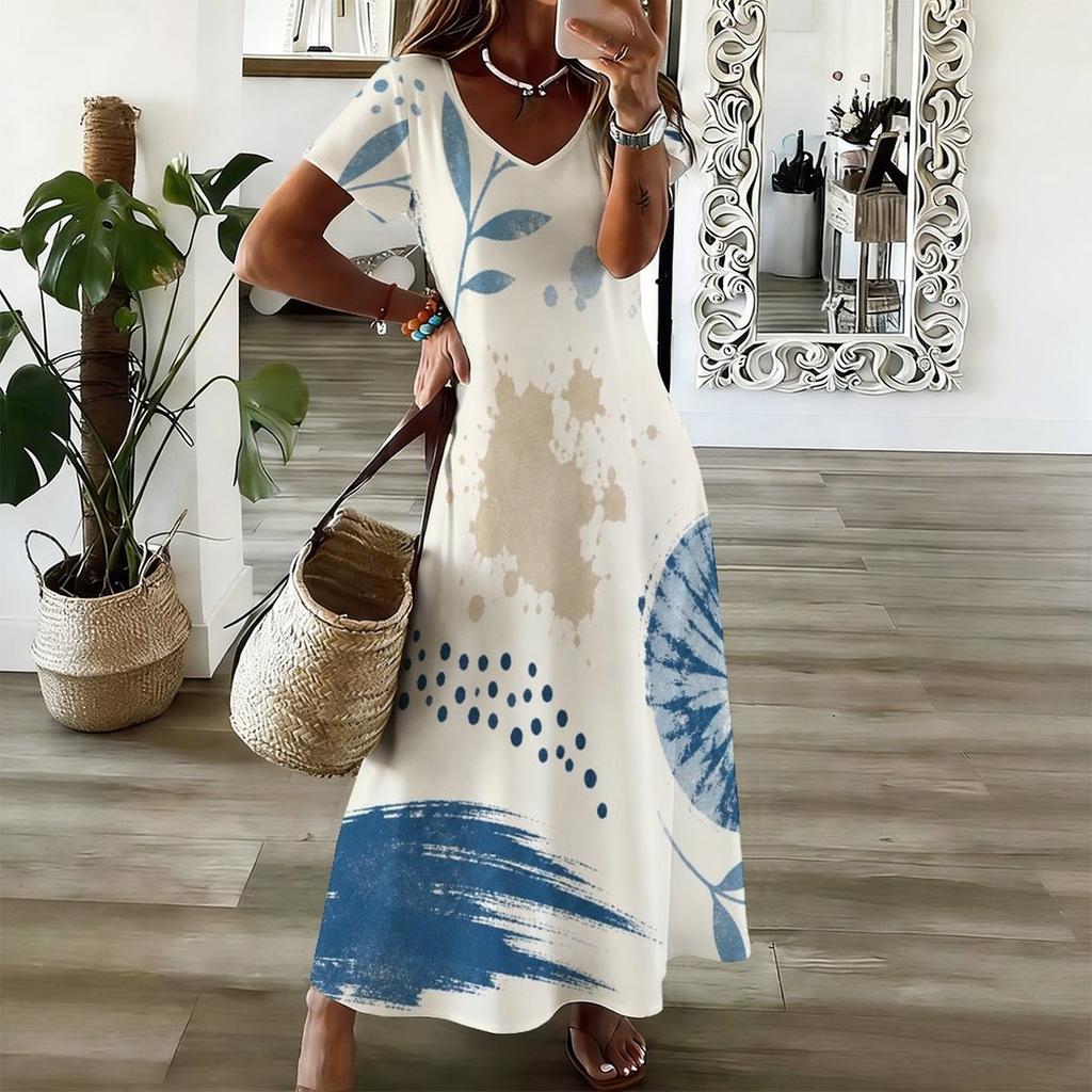 Women Plus Size V Neck Short Sleeve Abstract Printed Blue Beige White Long Maxi Dress