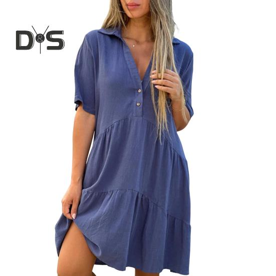 Summer Midi Dress V Neck Patchwork Hem Loose A-line Short Sleeves Pleated Solid Color Knee Length Dress for Beach Dating Parties