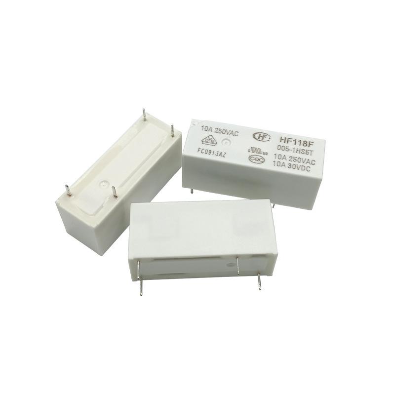 Hongfa Relay HF118F Series: HF118F-005-1HS5T and HF118F-012-1HS5T, 10A, 4-Pin, Normally Open.