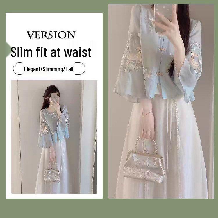 Women's Summer Hanfu Set: Embroidered Top & Dress Two-Piece - New Chinese Style for Tea Ceremony