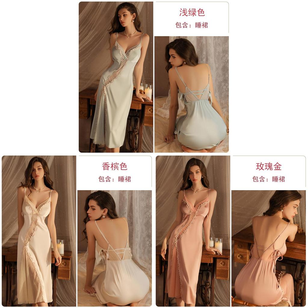 Long Silk Sleepwear Set With V Neck Sleeveless Design For Women Relaxation