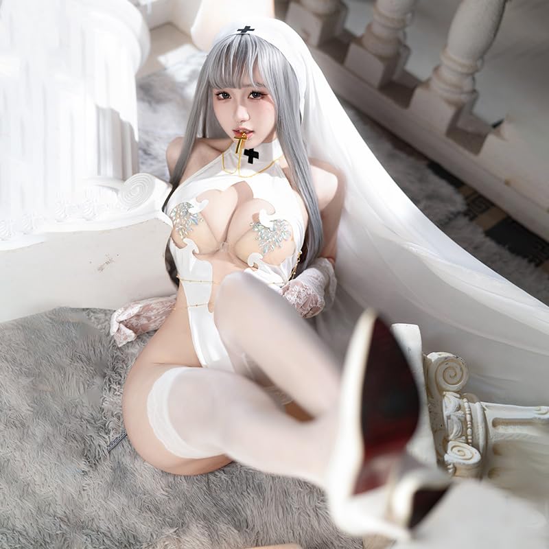 Ahegao Sister Cosplay Sexy Nun Costume with Cross Pure Saint White Sheer Extremely Babydoll Halloween Set & Veil, Leotard, Erotic, Seductive, Exposed,