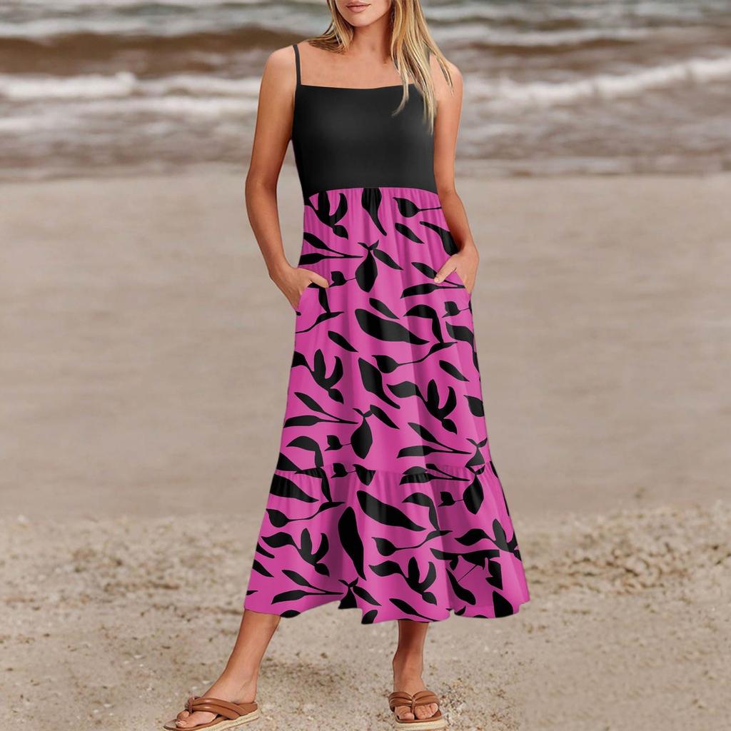 Women's Summer Spaghetti Strap Patchwork Beach Vacation Floral With Pocket Dresses