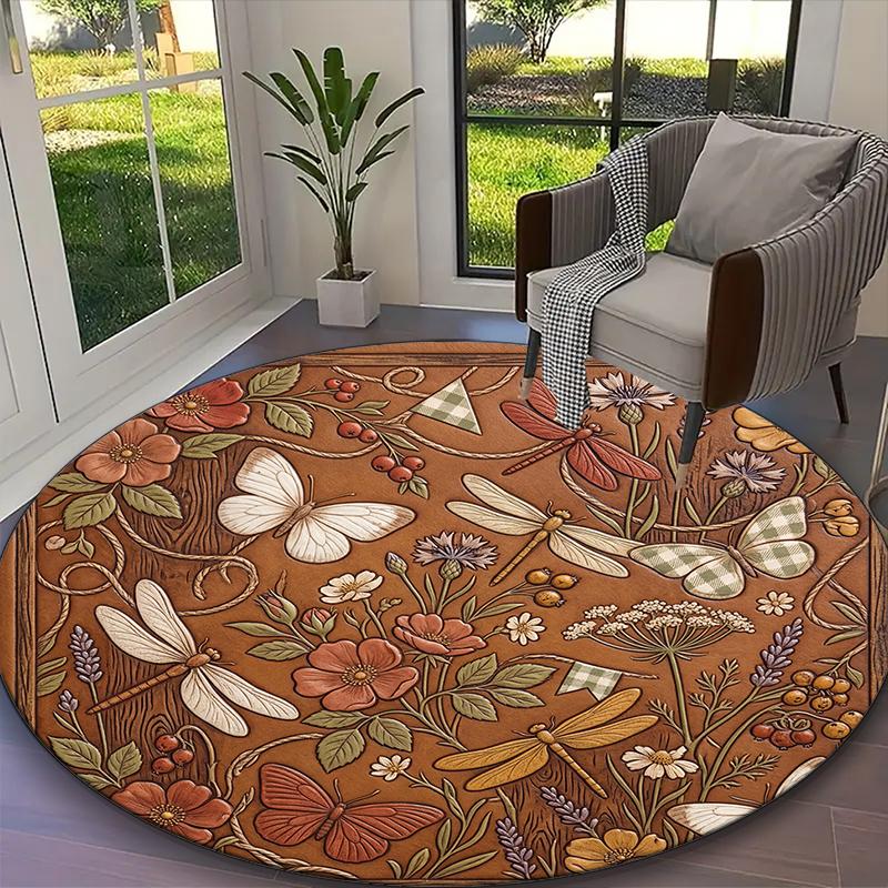 1pc Teal Checkered Butterfly Floral Printed Chair Rug for Home Office Use, Living Room Kitchen Game Room Round Carpet