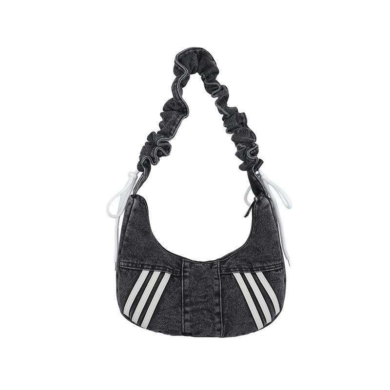 Fashion Denim Hobo Bag Ruched Strap Striped Design Zipper Closure Casual Shoulder Purse for Women