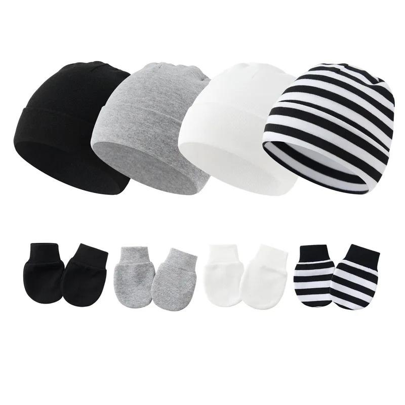 4PCS Baby Beanie Hat And Mittens Set Cotton Infant Newborn Anti Scratch Gloves Soft Warm Breathable Cap For 0-12 Months Everyday Wear Boys Girls