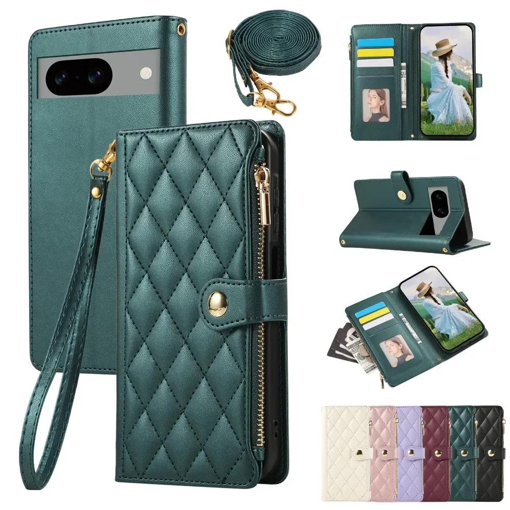 

Кошелек на молнии через плечо с держателем для карт Чехол для телефона для Google Pixel 6 7 8 9 Pro 6A 7A 8A Ремешок на запястье Кожаный защитный чехол For Google Pixel 7A зелёный