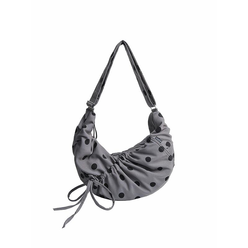 Polka Dot Crossbody Bag Korean Drawstring Pleated Design Soft Lightweight Dumpling Bag Stylish Versatile Commuter Shoulder Bag серый
