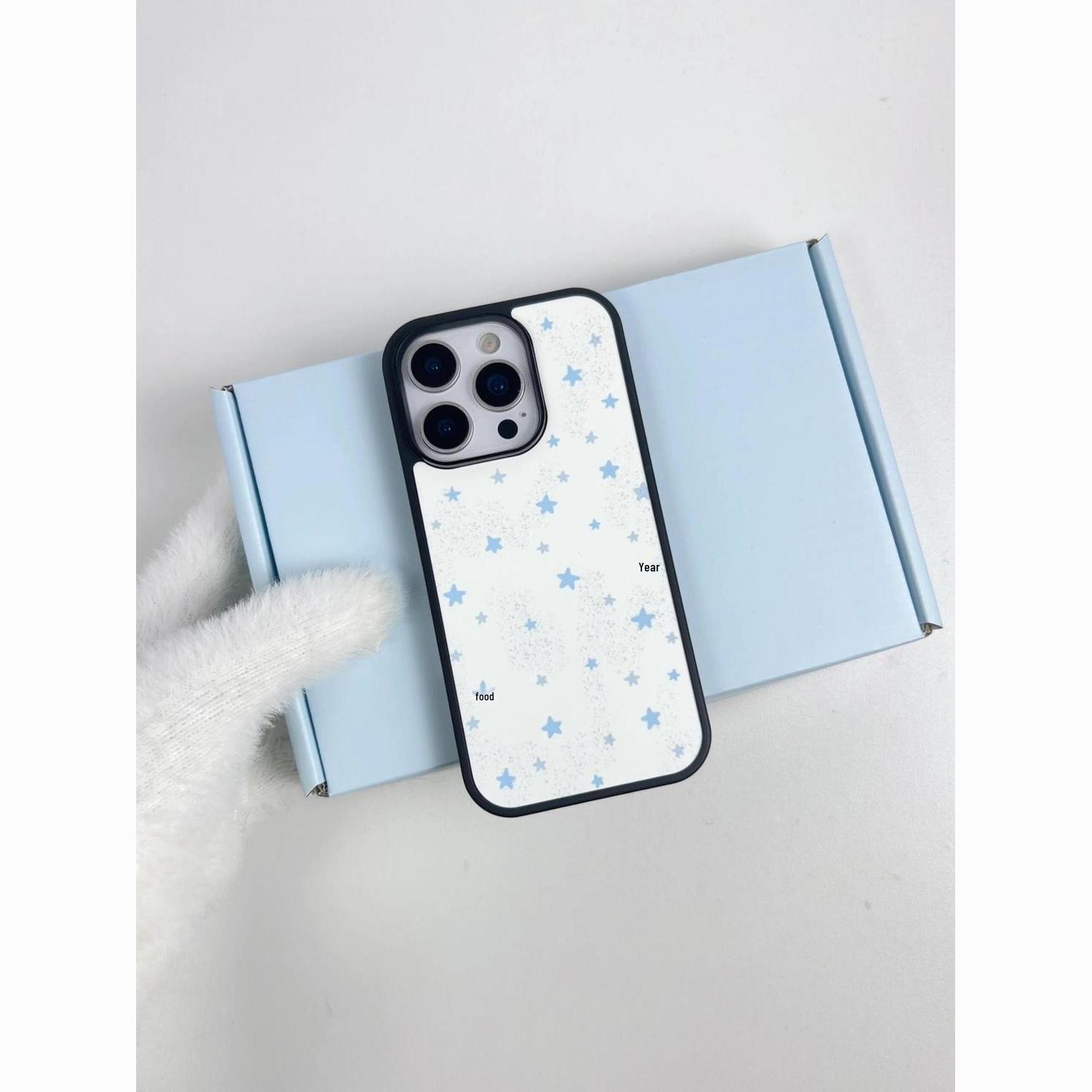 

Чехол Звезды с брызгами синей краски - Apple 13/14/15Pro/16Pro/17Pro Черная рамка, Корейский стиль, Матовый акрил iPhone 14