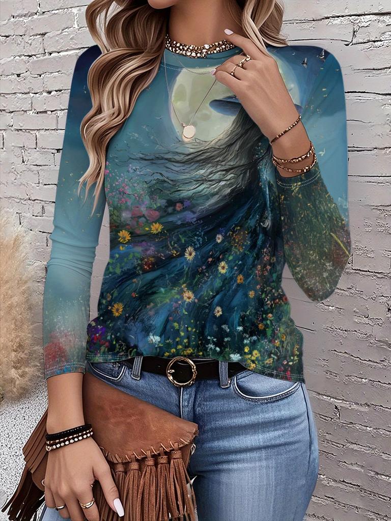 Women's T-shirt 3D Printing Green Plant Print Fashion Long Sleeve Round Neck Regular Top Holiday Weekend Spring and Autumn Y2K