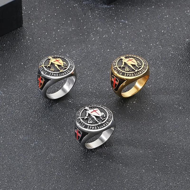 Men 316L Stainless Steel Saint Paul Ephesians "Put on The Whole Armor of God" Cross Knight Protect Ring Jewelry Dropshipping