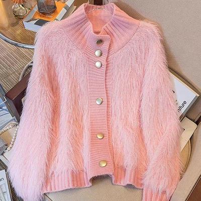 Herbst und Winter Damen Pelz Faux Strickjacke Pullover Jacke Koreanischer Stil Damenpullover Damenbekleidung Strickware V-Ausschnitt Strick