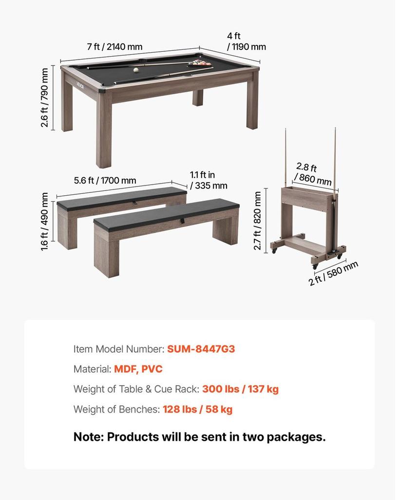 214cm Pool Table Combo Set, 3-in-1 Multi Game Billiards Tables with Dining Top and Ping Pong, 2 Benches for Storage and Accessory, Includes Ball Cue