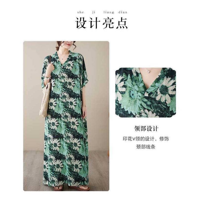 V-neck Thin Plus Size Loose Vintage Cover-up Long Dress