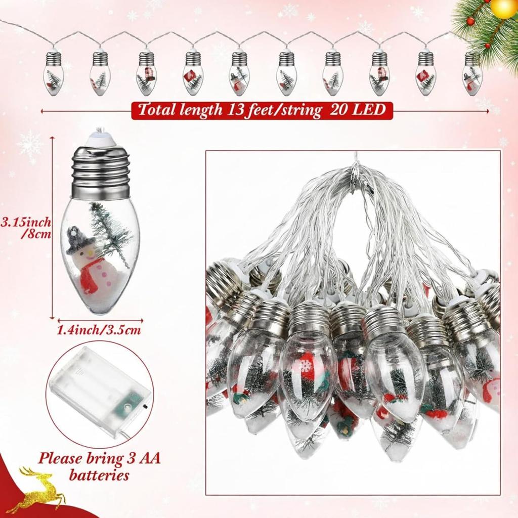 Aurelema Christmas Snow Globe String Lights 13 ft 20 LED Vintage Christmas Tree Bulb Lights with Cute Ornaments for Xmas Indoor Outdoor Home Office