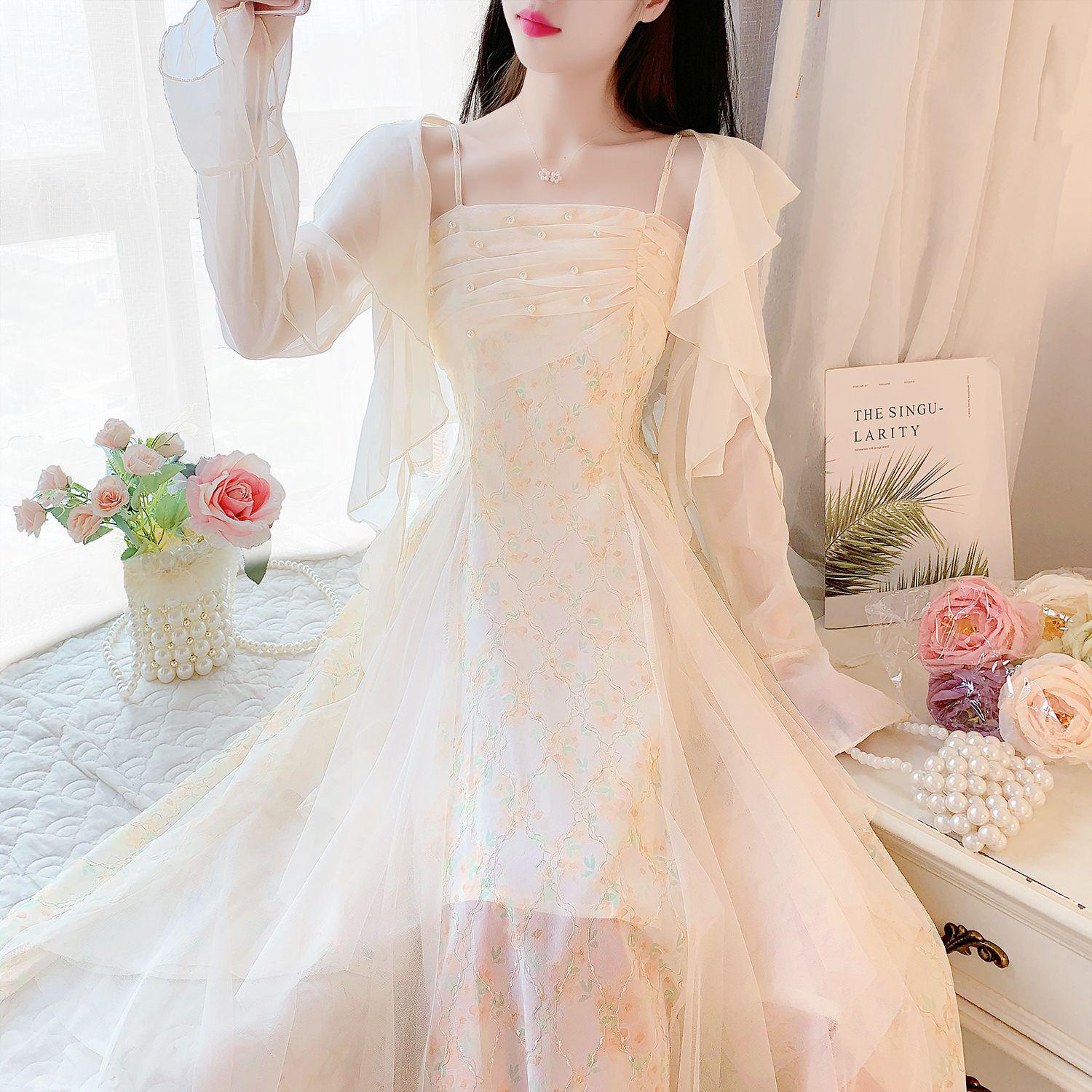Fairy Forest Lace Floral Spaghetti Strap Summer 2026 Women s Two-Piece Beach Vacation Dress S