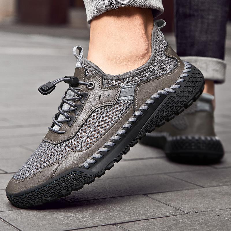 Pantofi de vară pentru bărbați, pantofi din piele naturală respirabili, plus mărime, plasă ușoară, pantofi de vară cu suprafață de plasă scobită, pantofi la modă pentru adolescenți