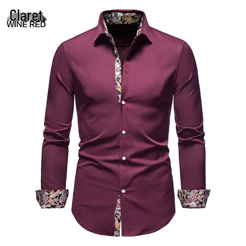 

2022 Мужская европейская и американская рубашка приталенного кроя с длинным рукавом и цветными блоками Large вино красного