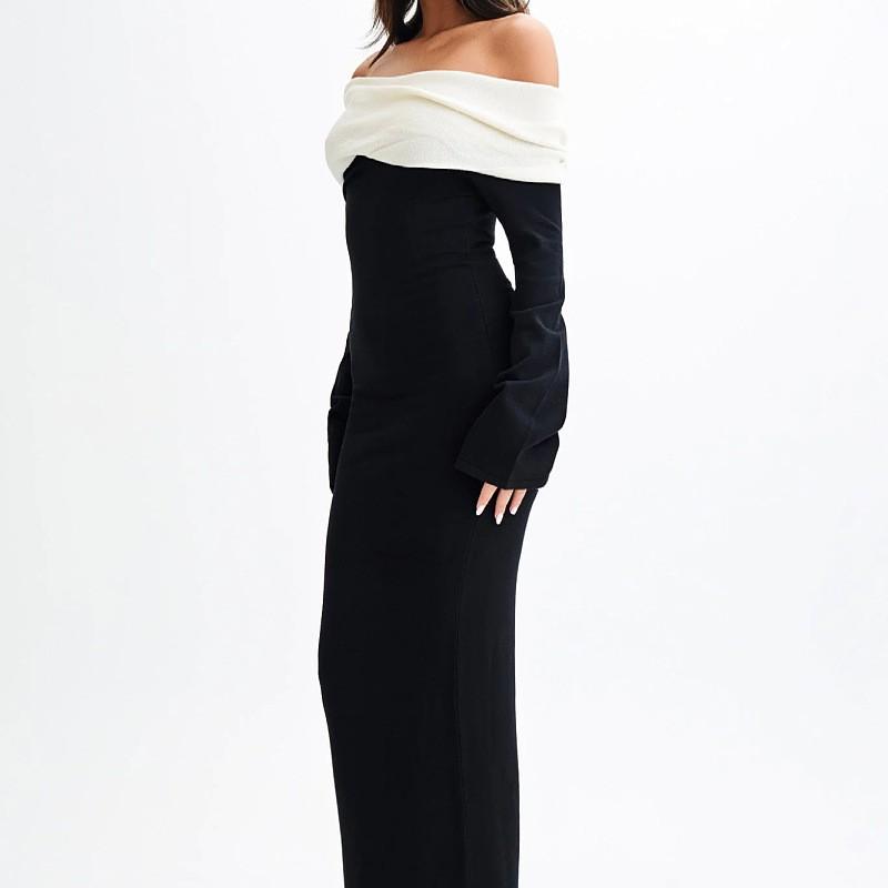 Damen Strick Langarm One-Shoulder Midi-Kleid Mit Colorblock-Design Hoher Bund Eng Anliegend Bodycon Stil Urbaner Schicker Look