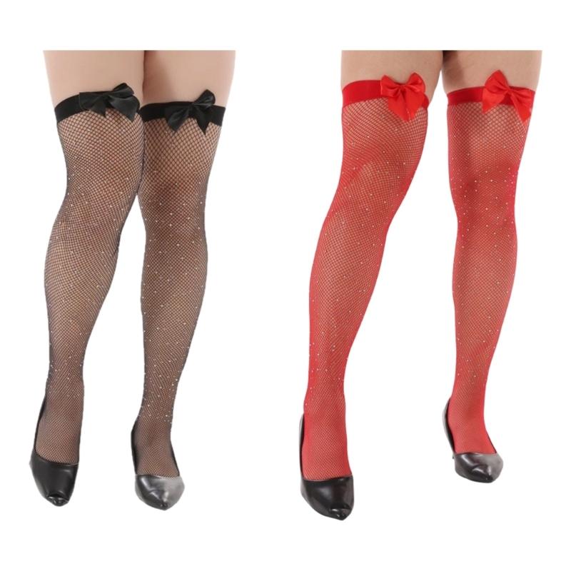 Fishnet Stockings Over Knee Highs Socks for Cosplay Daily Wear Satins Bows Thigh High Stockings for Womens