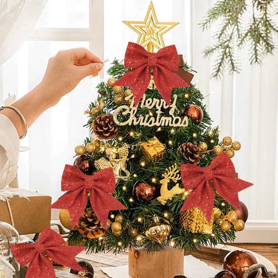 2Pcs Christmas Glitter Bowknot Reusable DIY Xmas Tree Gift Box Wreath Decoration Holiday Golden Powder Sequin Large Bowknot Party Supplies