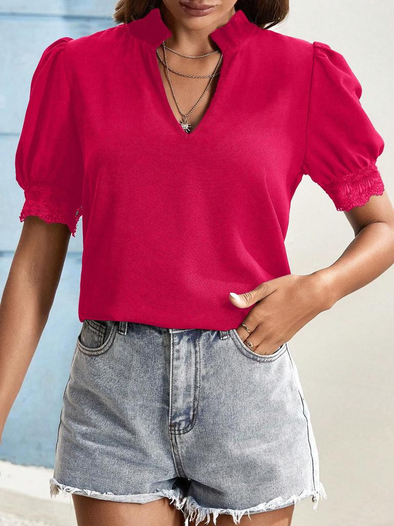 Women's Short-sleeved Tops Summer New Fashion T-shirt Versatile V-neck Shirt Lantern Sleeve Splicing Lace Blouse