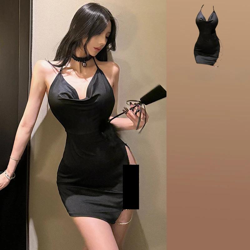 Women's Chain Halter Nightclub Pajamas Sexy Backless Side Slit Wrap Sleepwear Mini Nightie Erotic Hot Night Club Nightdress Set