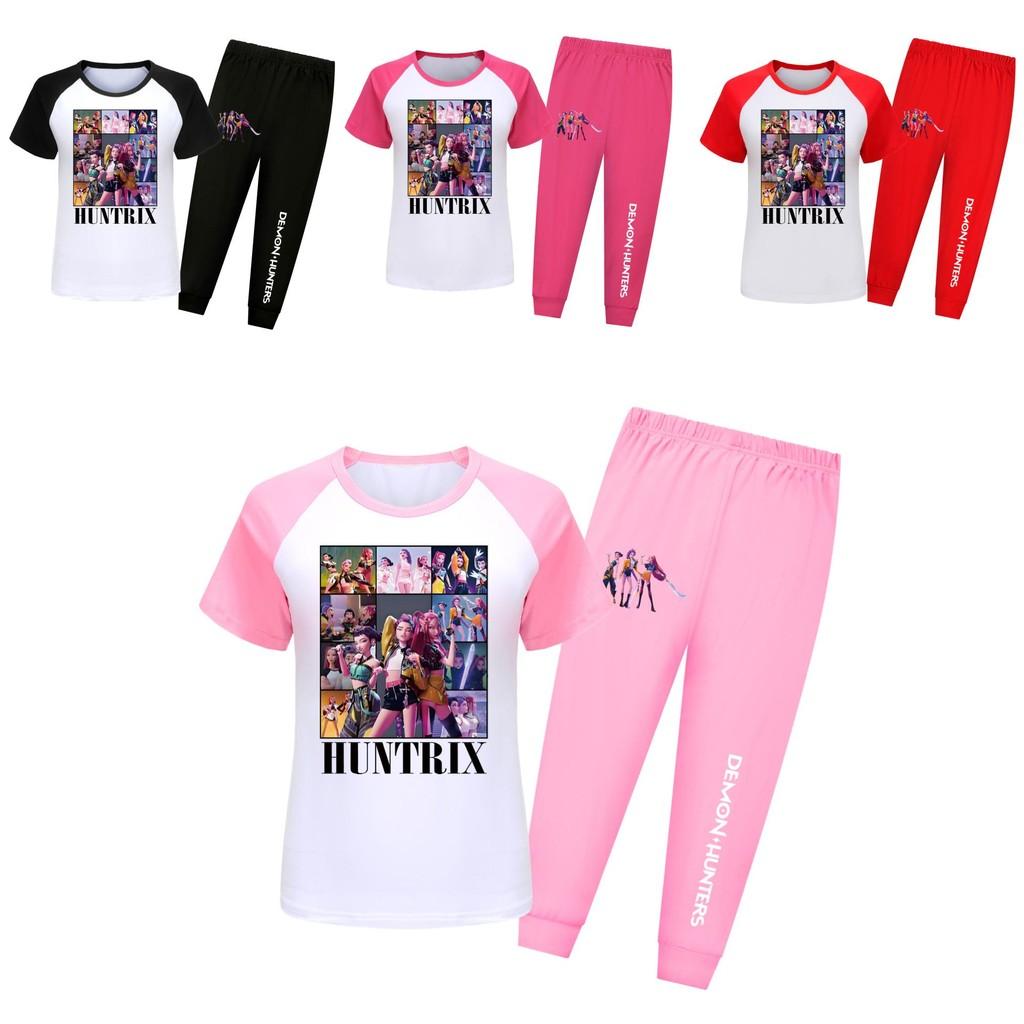 Kpop Demon Hunters Print Kids Pajama Set With Cotton Fabric For Summer And Spring Sleepwear