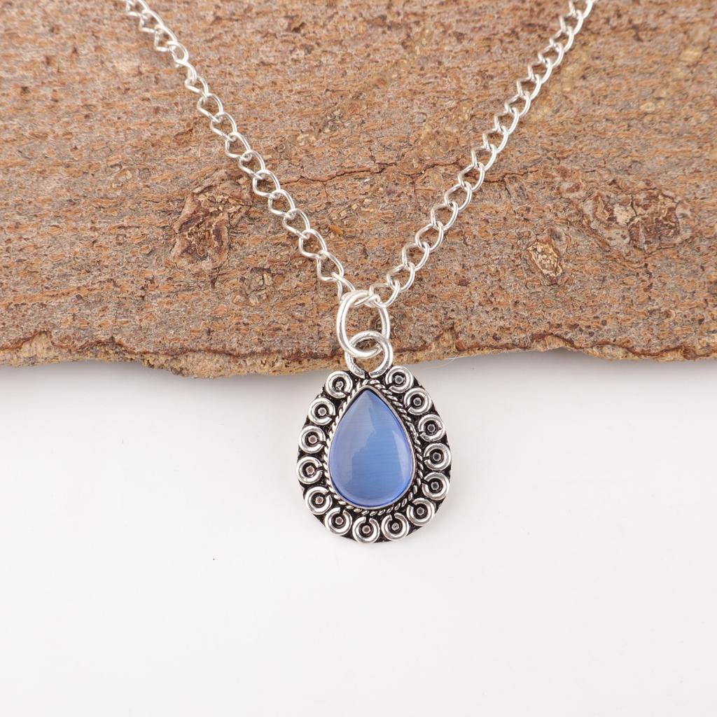 Pear Dark Blue Cat'S Eye Stone Elegant New Pendant Jewelry 925 Sterling Silver PP-26-42