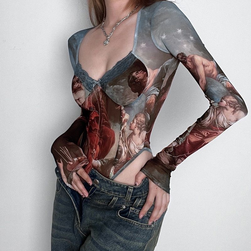 

Cross-Border European and American Retro Pure Desire Style Sexy Mesh Patchwork Long-Sleeve Bodysuit Top 2025 New Model In Stock S