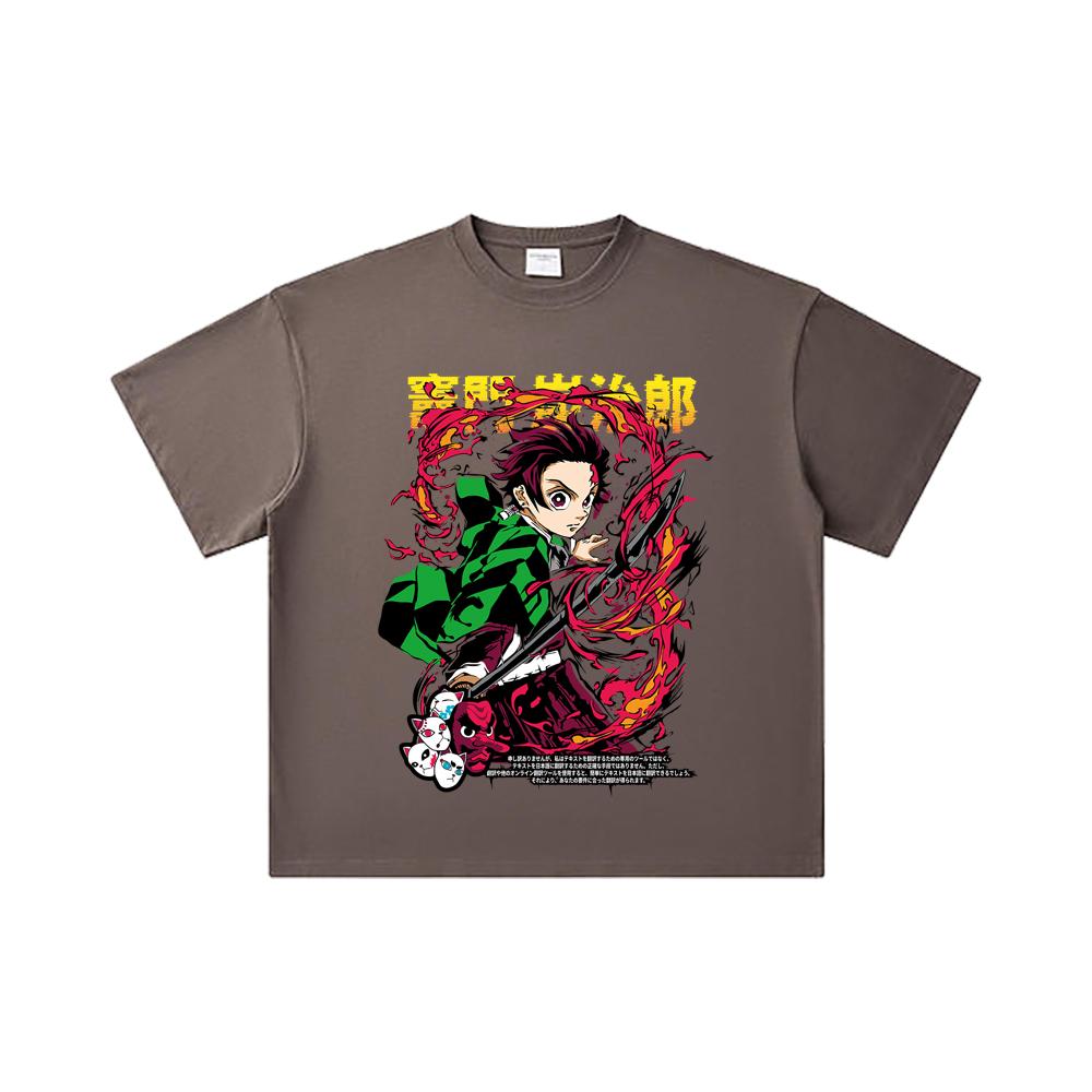 260 GSM Double Yarn 32 Count 100% Cotton Demon Slayer V19 Tanjiro Print Unisex Heavy Cotton T Shirt