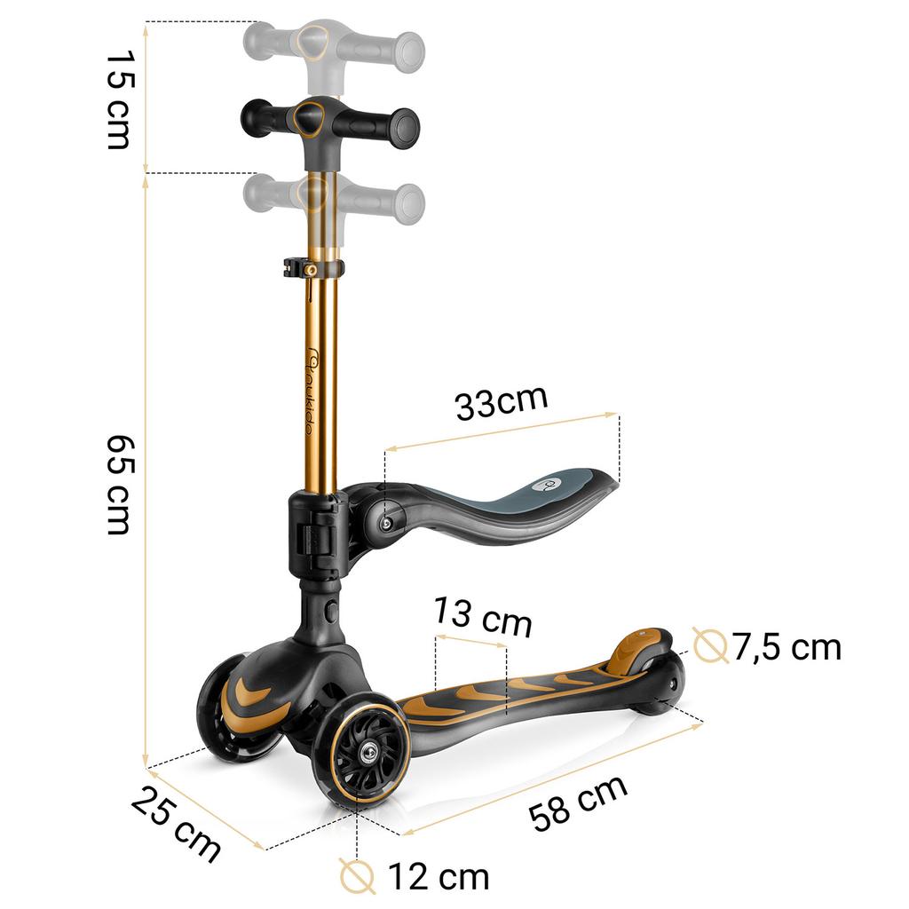 Nukido Flippo Three-Wheeled Scooter For Children With A Balance Seat - Gold