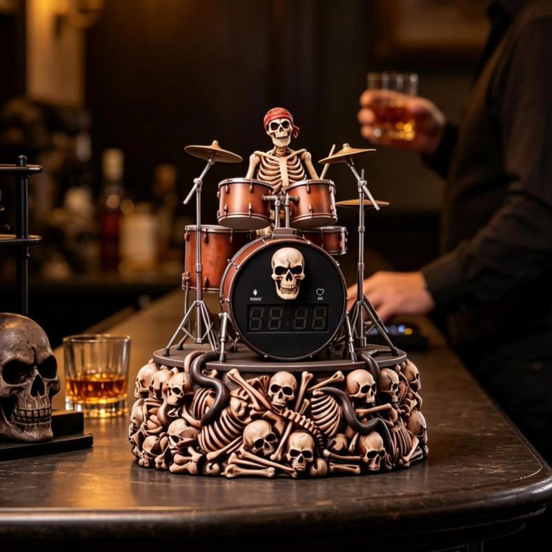 Gothic Skull Alarm Clock with Drum Beat Speaker, Dimmable Display, Skeleton Table Ornament, Spooky Home Decoration Gift