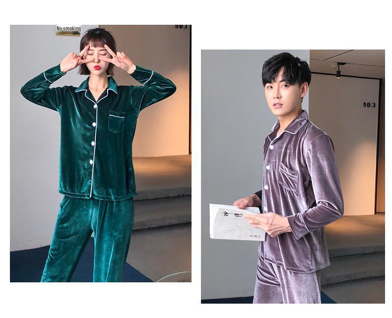 Couple's Gold Velvet Pajamas: Thin Fleece Two-Piece Set for Women & Men - Long Sleeve, Solid Color, Perfect for Spring & Autumn Homewear