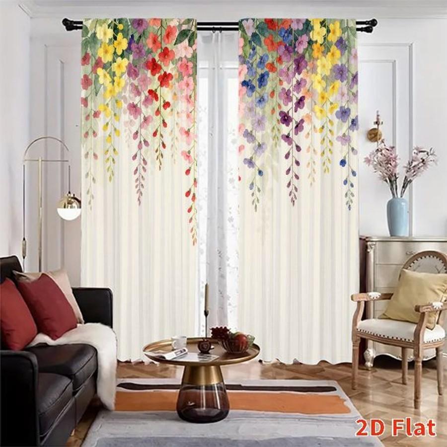 2PCS Digital Printed Curtains, Colorful Flower Vine Climbing Garden, Modern Home Decor Style for Living Room Bedroom Decor