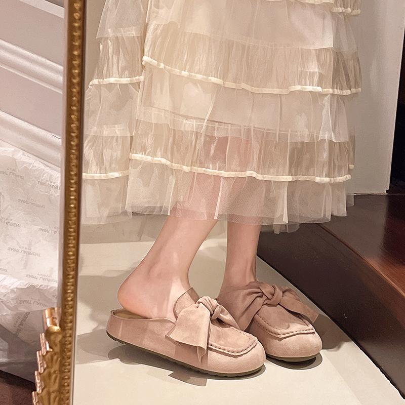 Soft Bottom Slippers Summer New Round Head Deep Mouth Flannelette Butterfly Knot Anti-slip Wear-resistant Flat Shoes