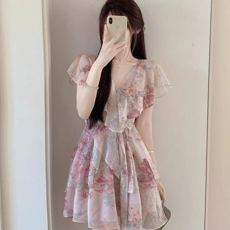 Floral Ruffle Chiffon Summer Skirt Dress S (85-100 jin)