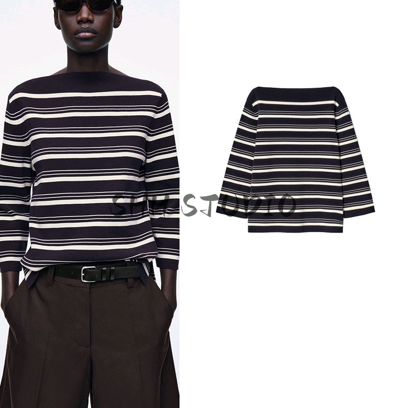 CS Spring/Summer New Women's Clothing Fashion Wind Minimalist Long Sleeve Casual Version Boat Neck Striped T-shirt Top 1282811