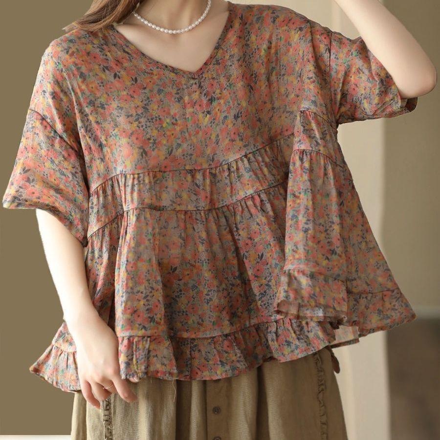 Jaro Léto Nový Vintage Potisk Dámská Ramie Pulovrová Košile s Elegantní Patchwork Dětskou Košilí