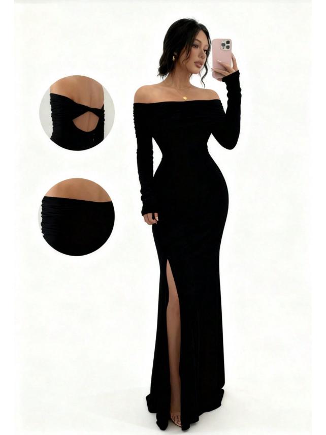 2026 Women's Solid Color Fashionable Long Sleeve Maxi Dress - New Summer Arrival