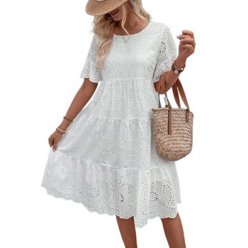 Womens Hollow Out O-Neck Short Sleeve A-Line Pleated Patchwork Solid Swing Midi Dress Beach Vacation Embroidered